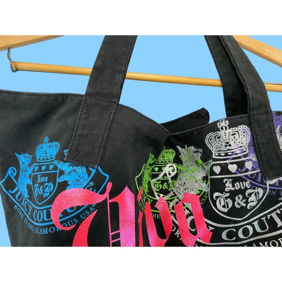 Juicy Couture Black Canvas Viva La Juicy Tote Bag With Multicolor Print` - Picture 3 of 8